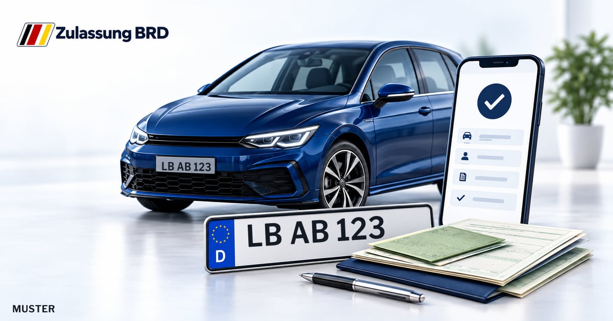 Online Fahrzeugzulassung in Gerlingen: Musterkennzeichen LB AB 123, Auto und Fahrzeugpapiere und Smartphone. Illustration mit Logo von Zulassung BRD.